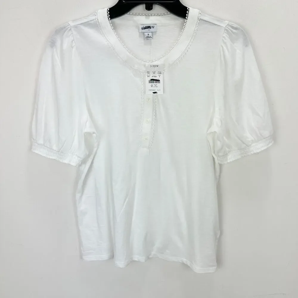 J.Crew Smocked Henley Knit Top Short Puff Sleeve Cotton Cottage White Small NWT